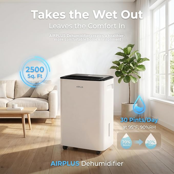 AIRPLUS 2500 Sq.Ft Dehumidifier for Basement, 30 Pints Dehumidifiers for Home with Drain Hose, Quiet Smart Humidity Control for Bedroom, Bathroom with Auto Shut Off, Dry Clothes, 24H Timer