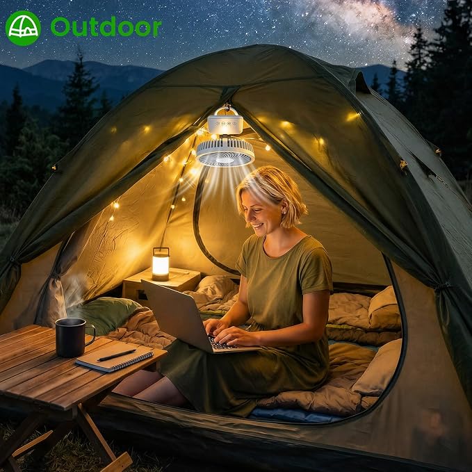 Electactic Personal Fan, Camping Fan - Rechargeable, 360° Oscillation, Type-C, LED, 4 Speeds, Remote/Timer. Hanging/Wall Mount, Tripod Stand. Office, Bedroom, Indoor/Outdoor, Tent, Travel, Jobsite