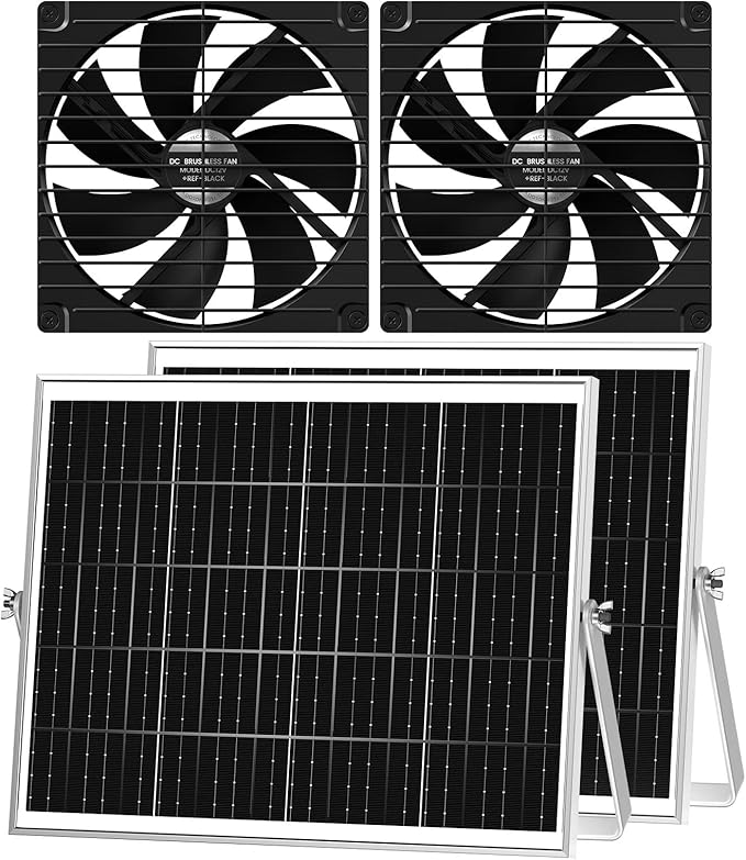 7.1" Solar Greenhouse Fan 2 Pack, 25W x 2 Large Solar Powered Intake and Exhaust Fan Outdoor Waterproof, 16.5 ft Cord, Strong Airflow for Chicken Coop Circulation and Ventilation, No Battery