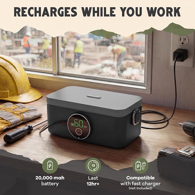 Oaktiv Lunch Box Warmer, Electric Heated Lunch Box for Adults, 4-Cup Cordless Portable Food Warmer with Scheduled Timer, Rechargeable with Insulated Bag