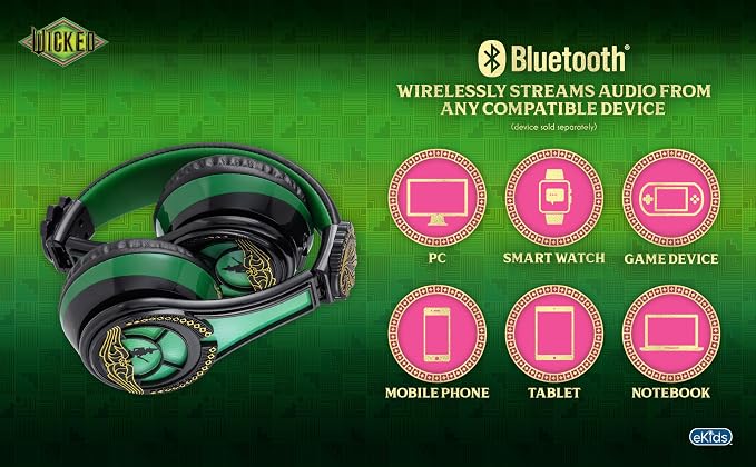 Wicked Elphaba Bluetooth Headphones for Kids, Wireless Headphones for School, Home, or Travel (Wicked Elphaba)
