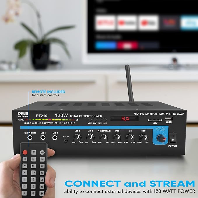 Pyle Home Compact Public Address Mono Amplifier - Professional 120 Watt Home Power Audio Sound PA Speaker Receiver System w/ RCA, Headphone, 2 Microphone Inputs, Independent Volume Control - PT210