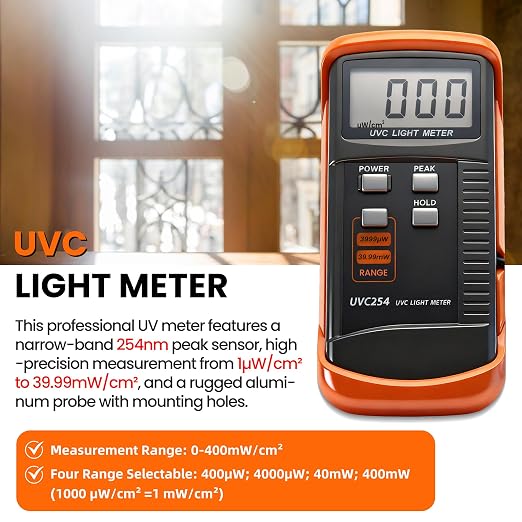UV Light Meter Professional UV Monitors Measurable of UVA UVB & UVC Light Measure Tester with 320~390nm Range Portable UV Sunlight Tester (Model UVC254)