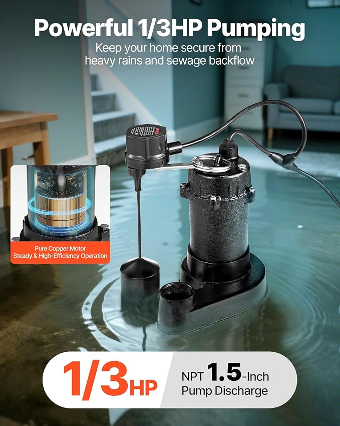 VEVOR Submersible Sewage Pump, 1/3 HP, 3000 GPH Cast Iron Sewage/Effluent Pump with Automatic Float Switch, 1.5-Inch NPT Discharge, 120V, 25 ft Lift, for Basement, Septic Tank, Residential Sump Basin