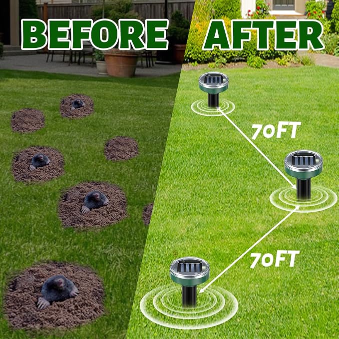 Solar Powered Mole Repellent 10 Pack, Effective Ultrasonic Gopher Repeller for Yard, IP44 Waterproof Sonic Vole & Snake Deterrent Spikes, Professional Groundhog Chaser for Lawns, All-Weather Use