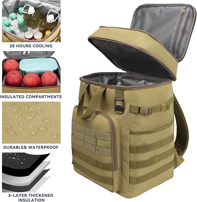 Pyrrhus 43L Cooler Backpack 45/55 Cans Insulated Leak Proof Tactical Backpack,2 Insulated Comaprtments Thermal Bag,Large Lunch Outdoor Backpack for Picnic, Beach, Work,Trip