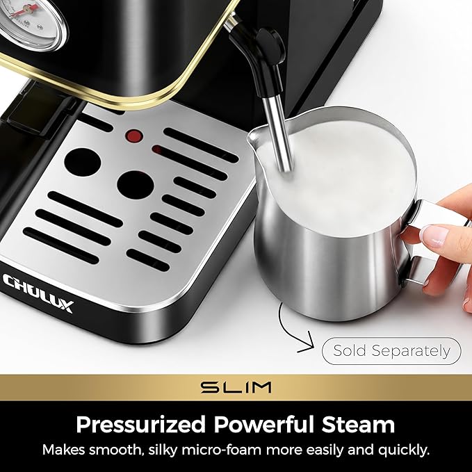 CHULUX Slim Espresso Machine with Milk Frother, 20 Bar Professional Italian Pump Espresso Coffee Machine for Home Cappuccino & Latte Maker, Stainless Steel, Black and Gold