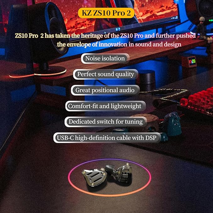 KZ ZS10 Pro 2 USB C Headphones with Mic lEM for Gaming in Ear Monitors Hybrid 4BA+1DD, Deep Bass Comfort-Fit Wired Earbuds High-Definition Decoding DSP with 4 EQ Modes