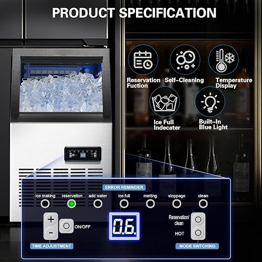 120LBS/24H Commercial Ice Maker Machine, Freestanding Stainless Steel with Adjustable Ice Thickness & LCD Control,40 Cubes/Cycle,Self-Cleaning,Quiet Operation for Home,Restaurant,Bar