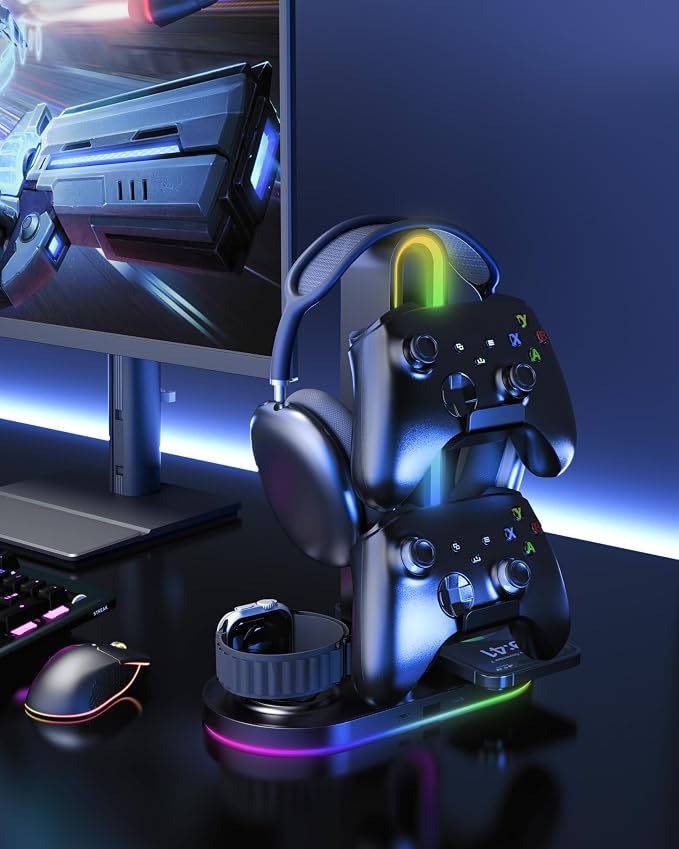 HiWe 4-in-1 RGB Gaming Headphone Stand with Dual Controller Holder, Wireless Charger for iPhone/Apple Watch, USB-A & USB-C Outputs, Adapter Included, Black