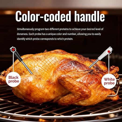 Dual Probe Wireless Meat Thermometer, Works Without APP, IP67 | Dual separate probes dual sensor tracks meat & oven temps. 4x4" backlit display. APP optional. 40hr battery. IP67 waterproof.