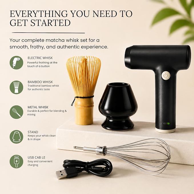 Matcha Electric Whisk Set - Rechargeable Handheld Frother with Whisk and Holder | Automatic Stirrer for the Perfect Blend | Handheld Frother for Matcha Tea Lovers (Electric Matcha Whisk)