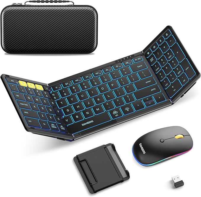 Foldable Keyboard and Mouse, Samsers Folding Bluetooth Keyboard Combo, 2.4G + BT5.0 x 2, Full-Size Portable Travel Keyboard & Rechargeable Wireless Mouse for Windows Android iOS Mac OS, Black
