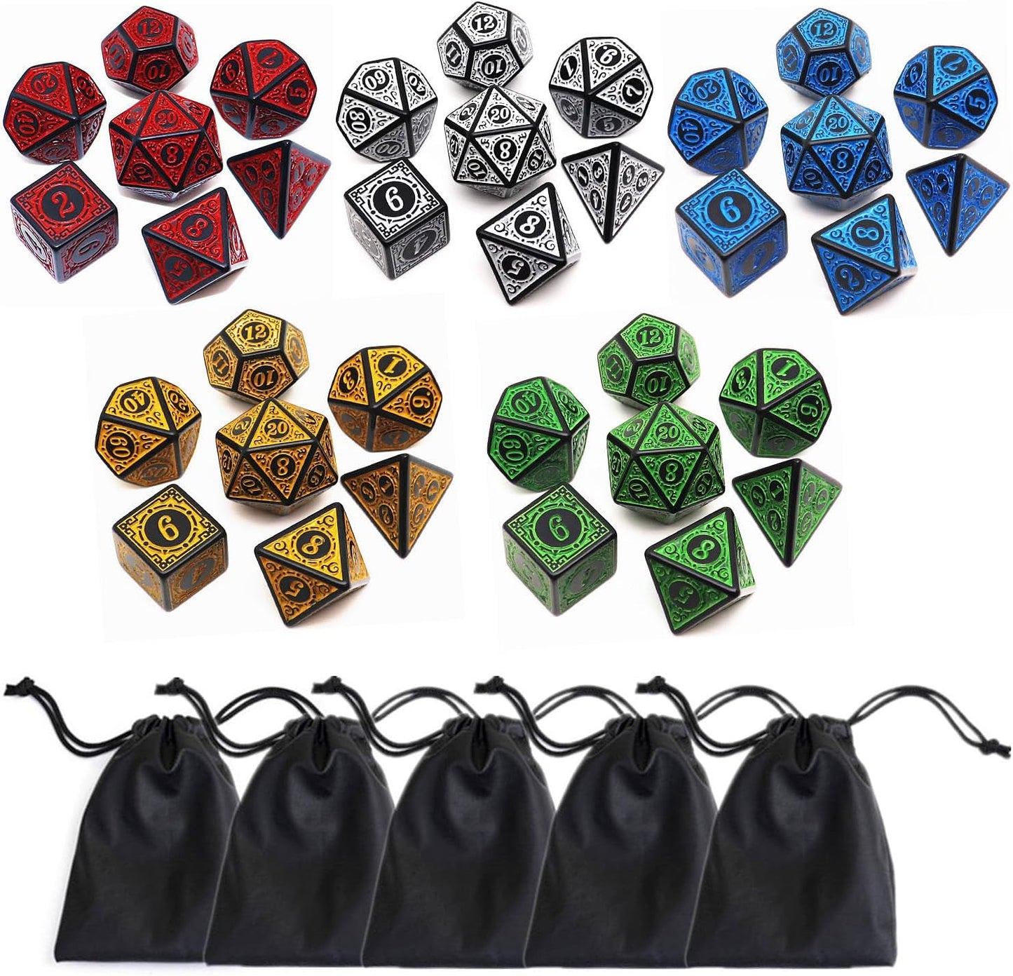 Polyhedral DND Dice Set, 5 Pack Dice Sets Fit for Dungeons and Dragons D&D RPG Games 7-Die Polyhedral Dice with Vintage Pattern 35 Pieces (5 Colors with White)