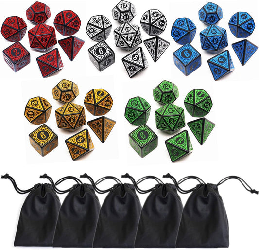Polyhedral DND Dice Set, 5 Pack Dice Sets Fit for Dungeons and Dragons D&D RPG Games 7-Die Polyhedral Dice with Vintage Pattern 35 Pieces (5 Colors with White)