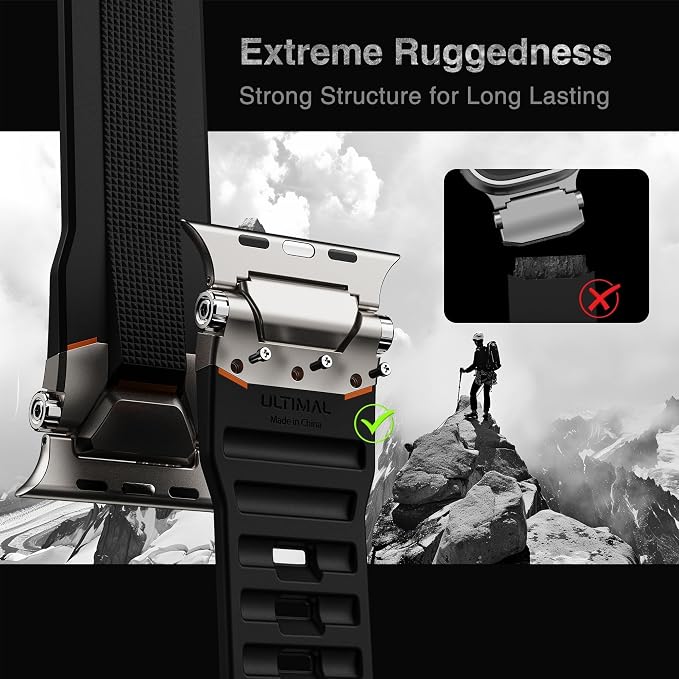 ULTIMAL Rugged Band for Apple Watch Ultra 3/2/1 49mm, Series 11/10/9/8/7/6/5/4 SE 46mm/45mm/44mm, Waterproof, Soft TPU Strap with Stainless Steel Buckle & Connectors, Sweat-Resistant, Easy to Clean, Fits 155-225mm Wrist (Titanium/Black)