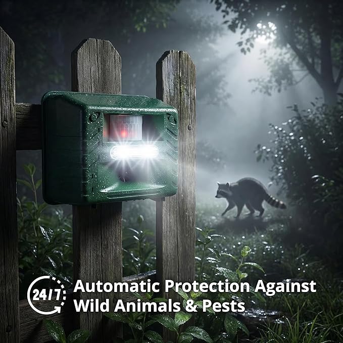 ASPECTEK Yard Sentinel Ultrasonic Animal Repeller with Remote Control and Strobe Light, Motion Sensor Pest Deterrent for Deer, Raccoons, Bears, Coyotes and Skunks, Farm, Garden and Lawn Protection