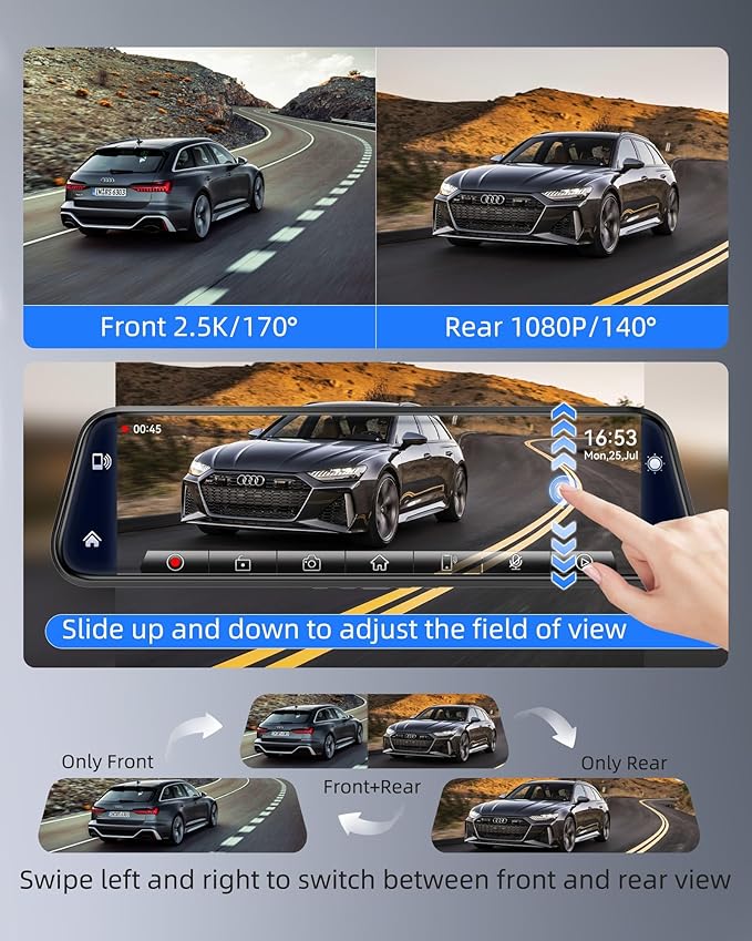 2.5K Mirror Dash Cam with Carplay&Android Auto,10" Rear View Mirror Camera for Cars/Trucks with Voice Control/ 64GB Card/Touch Screen/Parking Monitor/Reverse Assist/Dual Loop Record/WDR Tech