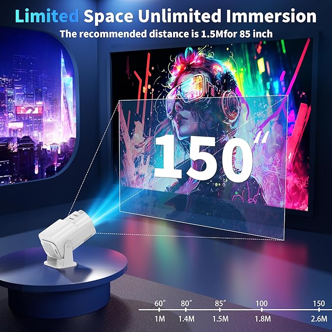 [Projector 2026 Upgraded] Mini Projector Support 4K 1080P Auto Keystone 270°Rotatable with WiFi 6 and Bluetooth 5.2 Projector Portable Compatibile with HDMI/TV Stick/Memory Stick/Laptop,White