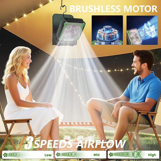 Solar Powered Rechargeable Fan with Light - 3 Speed Portable USB-C Hanger Camping Fan, Power Outage for Home and Kitchen Emergency, Outdoor Tent Fan for Picnic, BBQ and Travel