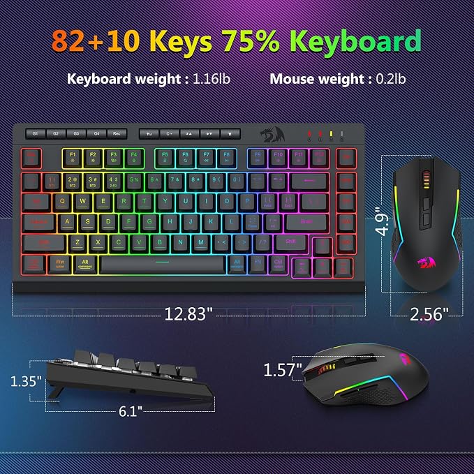 Redragon Wireless Gaming Keyboard and Mouse Combo, Bluetooth/2.4G/USB-C Wired, RGB Backlit, 75% Portable Quiet Rechargeable Macro Membrane Keyboard & 12800 DPI Mouse with Software for Win/MAC