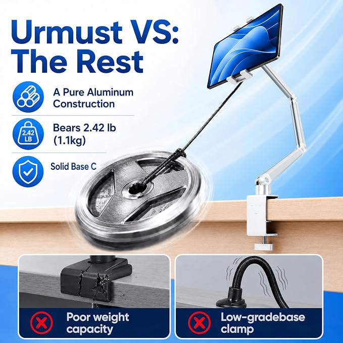 Urmust Portable Monitor Stand 15.6", iPad Stand for Desk, Portable Monitor Holder up to 18.5" Adjustable Desktop Tablet Arm Mount, iPad Holder for Desk, for 4.7"-12.9" i Pad Pro/Air/Mini Silver