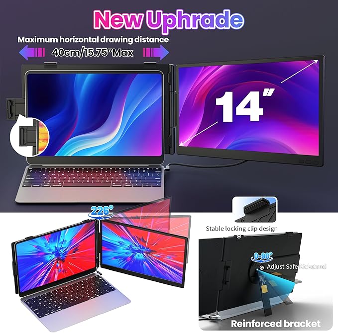CIDETTY Laptop Screen Extender 0.27" Ultra-Thin, 14" Dual Portable Monitor FHD 1080P IPS, USB-C/HDMI Plug & Play Travel Screen for 13-17" Laptops, Compatible with Wins/Mac/Chrome/Switch/Android