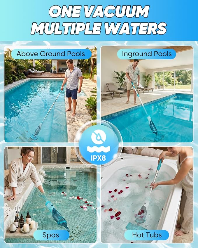 Saker Handheld Pool Vacuum for Above Ground Pool, Cordless Pool Cleaner with Telescopic Pole, 18.5 GPM Powerful Suction, 60-Min Runtime Rechargeable for Inground Pools, Spas, Hot Tubs