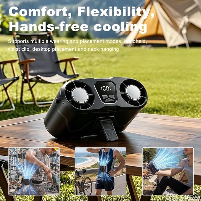 Rechargeable Waist Fan with Ice Cooling, High-Speed Neck Belt Clip-on Fan with 10 Gears, LED Display & Flashlight, Hands-Free Personal Fan for Work Outdoor Travel, Black