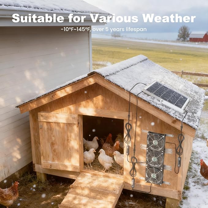 Solar Chicken Coop Fan 3 Kit, 25W Solar Powered Greenhouse Fan Outdoor Waterproof, Solar Exhaust & Intake Fans, Strong Airflow for Shed Dog House Circulation Ventilation Cooling, No Battery