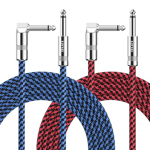 10FT 2 Pack Instrument Cable - Electric Guitar & Bass Guitar Cable with Right Angle Blue and Red 1/4 Inch Connectors