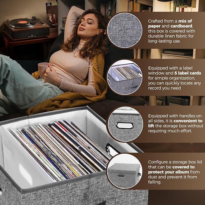 Sturdy Vinyl Record Storage Box - Album Storage Holds up 50+ Single Record, LP Storage Organizer Crate With Lid, Decorative Moving Box For Records, Solutions to Protect Your Precious Collection Grey
