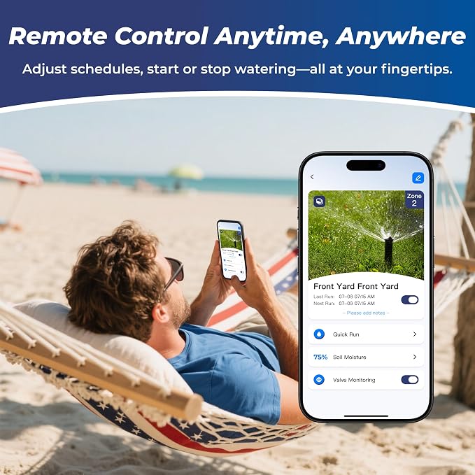 Outdoor Smart Sprinkler Controller 8 Zone, WiFi Automatic Irrigation Timer, Easy-Use App, Flexible Programs, Save Water via Rain, Wind&Freeze Skip, Quick Install, with Alexa