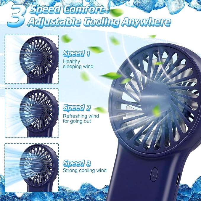 VIHOSE 4 Pcs Portable Hanging Fan, 3 Speeds Personal Rechargeable Desk Hand Held Small Fan with D Metal Hook for Cooling Small Personal Hands Outdoor Travel (Dark Blue)