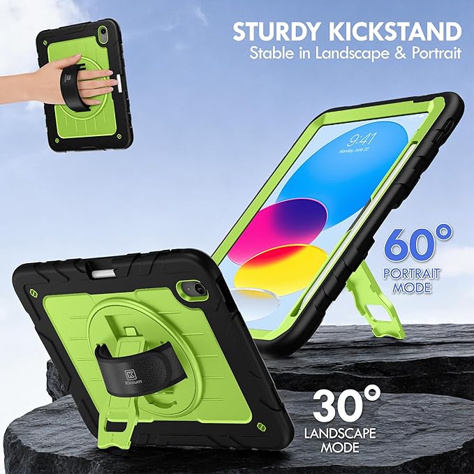 Case for iPad A16 (2025) 11th/10th Gen (11″/10.9″, 2022), Heavy Duty Shockproof Full-Body Cover with Pencil Holder, 2-in-1 Hand/Shoulder Strap, 360° Rotating Kickstand (Black+Green)