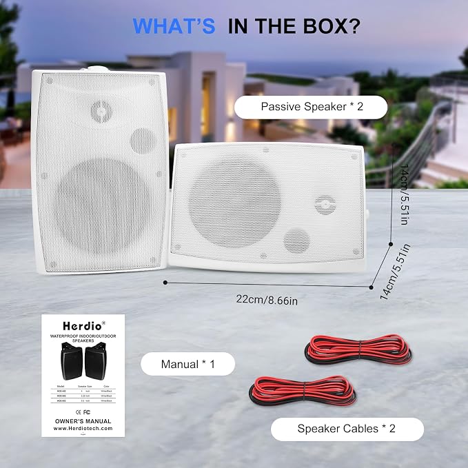 Herdio 4" Passive Outdoor Speakers Waterproof Wired, 200W Wall Mount Speakers with Superior Sound,Dual Swivel Brackets for Patio/Deck/Backyard (Pair, White)