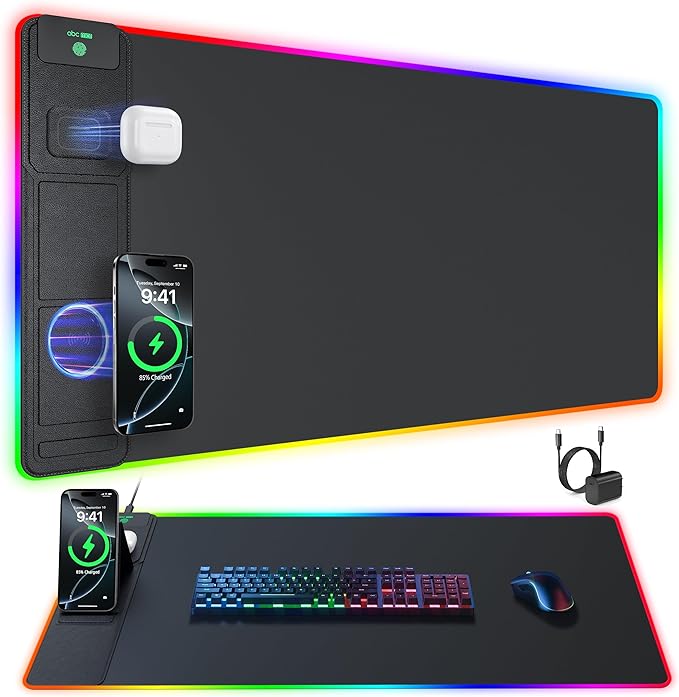 RGB Gaming Mouse Pad with Wireless Charging & Phone Stand, 31.5"x15.8" Large, 24 Light Effects, Non-Slip Base, Waterproof Ultra-Smooth Surface, with Adatper