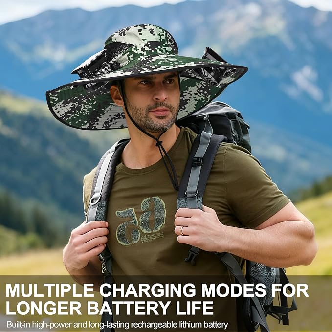 Solar Fan Hat with Detachable Fan, UPF 50+ Wide Brim Sun Hat with Face Mask and Arm Sleeves, 3 Speed USB &Solar Powered Fan