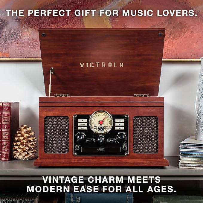 Victrola The Quincy 6-in-1 Bluetooth Record Player & Multimedia Center with Built-in Speakers – 3-Speed Turntable, CD & Cassette Player, FM Radio, Wireless Music Streaming (Mahogony)