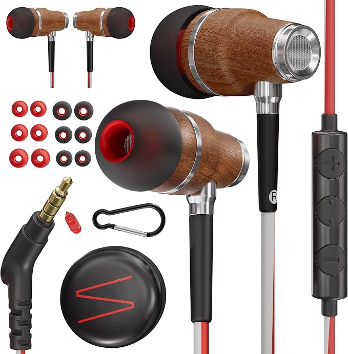 Symphonized Wired Earbuds 3.5mm Jack – Wooden Earphones with Mic & Volume Control, Plug In Ear Headphones Wire, Corded Ear Buds Wired Earbuds with Microphone for Computer, Laptop & Phone with Aux Cord