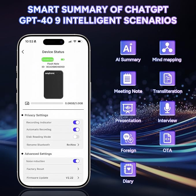 AI Digital Voice Recorder&Translator - Transcribe & Summarize & Note AI Noise Cancellation Technology, Supports 108 Languages,APP Control Audio RecorderTranscribeSummarize (Gray)