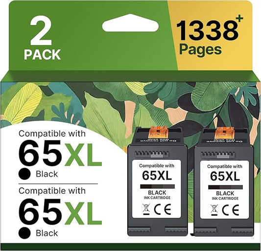 65XL Ink Cartridge for HP 65 Black Ink Cartridge High-Yield Replacement for HP Ink 65, 65XL Black Ink Cartridge for HP Printers Deskjet 3755 3772 3700 3722 3752 2600 2622 Envy 5055 5070 5052 (2 Pack)
