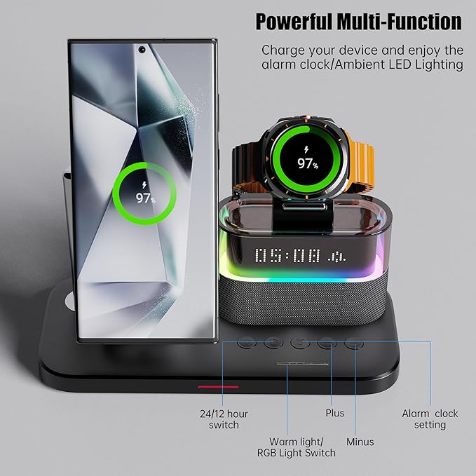 Magnetic Charger for Samsung, 5 in 1 Wireless Charging Station with Alarm Clock for Samsung Galaxy S25 Ultra/S24/S23/S22, Galaxy Watch 8/7/6/4/5, Galaxy Buds/Pro, Black