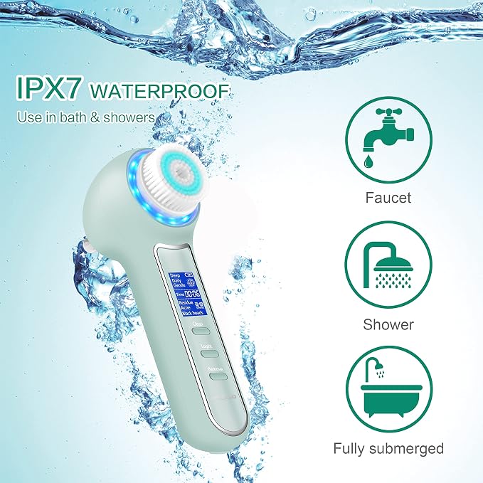 UMICKOO Face Scrubber Exfoliator,Facial Cleansing Brush Waterproof with LCD Screen,Blackhead Remover Vacuum with 5 Brush Heads,Face Spin Brush for Exfoliating (Green)