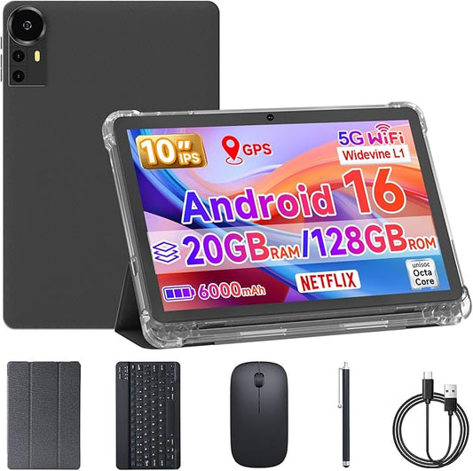 10 Inch Tablet Android 15 Tablets with Case 4+16GB RAM+128GB ROM, 6000mah Battery 10 in Android Tableta, 2MP+8MP Dual Camera 10.1'' IPS HD Touch Screen Tab (Black+Keyboard)