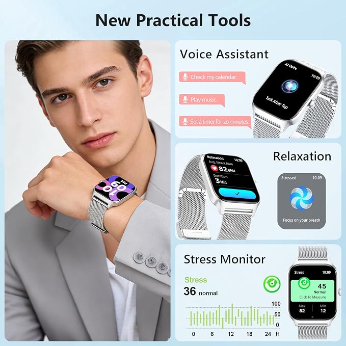 Smart Watch Women Men, 1.85’’ Lightweight Fitness Tracker Make/Answer Call, HR/Blood Pressure/Sleep Monitor, 110+Sport Modes, Waterproof Reloj inteligente Compatible for Android & Samsung & iPhone