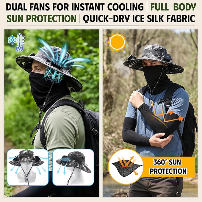 Syhood Solar Powered Fan Hat Neck Gaiter Arm Sleeves Sun Bucket Hat with Fan Cooling Wide Brim Hats for Fishing Hiking