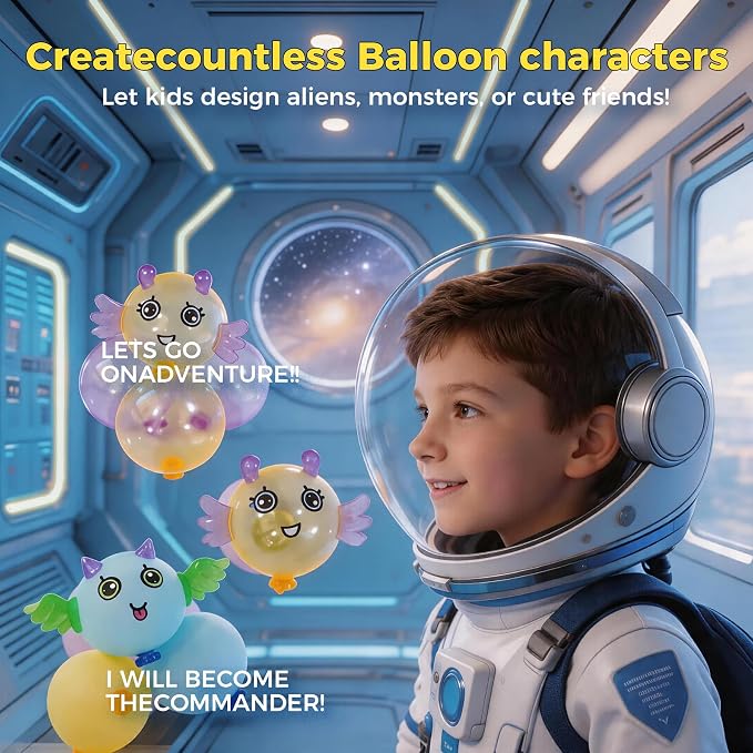 sticky balloon Rocket kit Ages 3-8 with Air Rocket Pump(4.28" x 5.9" x 7.08") Soft balloon, Stickers & Eyes Build Balloon Animals No Glue No Mess, Screen-Free Travel Gift for Girls Boys