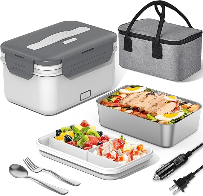 Herrfilk Electric Lunch Box Food Heater 100W, 4 in 1 Ultra Quick Heated Lunch Boxes for Adults 12V/24V/110V/220V Portable Food Warmer for Car/Truck/Office With Fork Spoon and Insulated Carry Bag