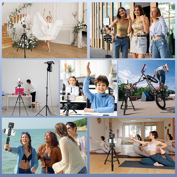 Vlogging Kit with Wireless Lavalier Microphone for iPhone, Android, YouTube Starter kit Content Creator Equipment with 60” Extendable Fullsize Tripod, Soft Light for Vlogging, YouTube, TikTok